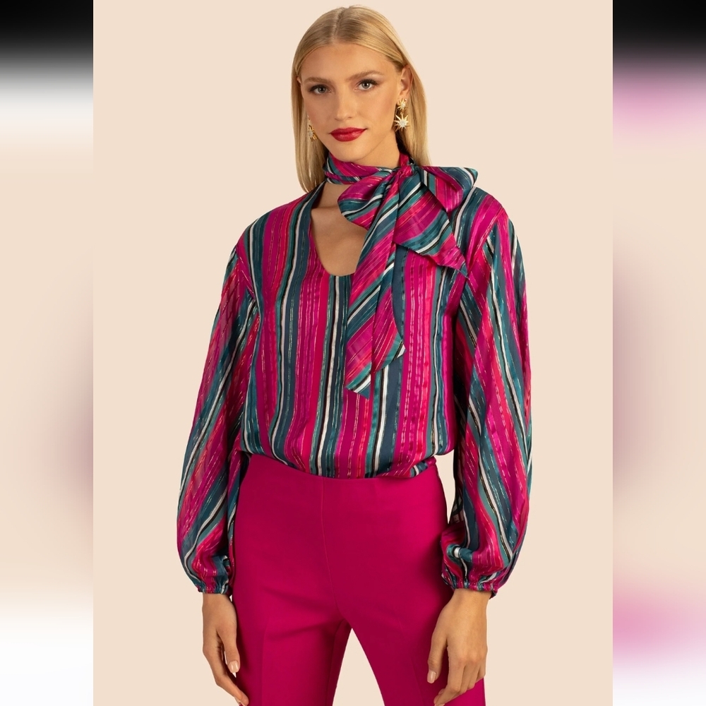 Trina Turk Women's Aquarius Silk Blend Striped Balloon Sleeves Blouse Top Size S